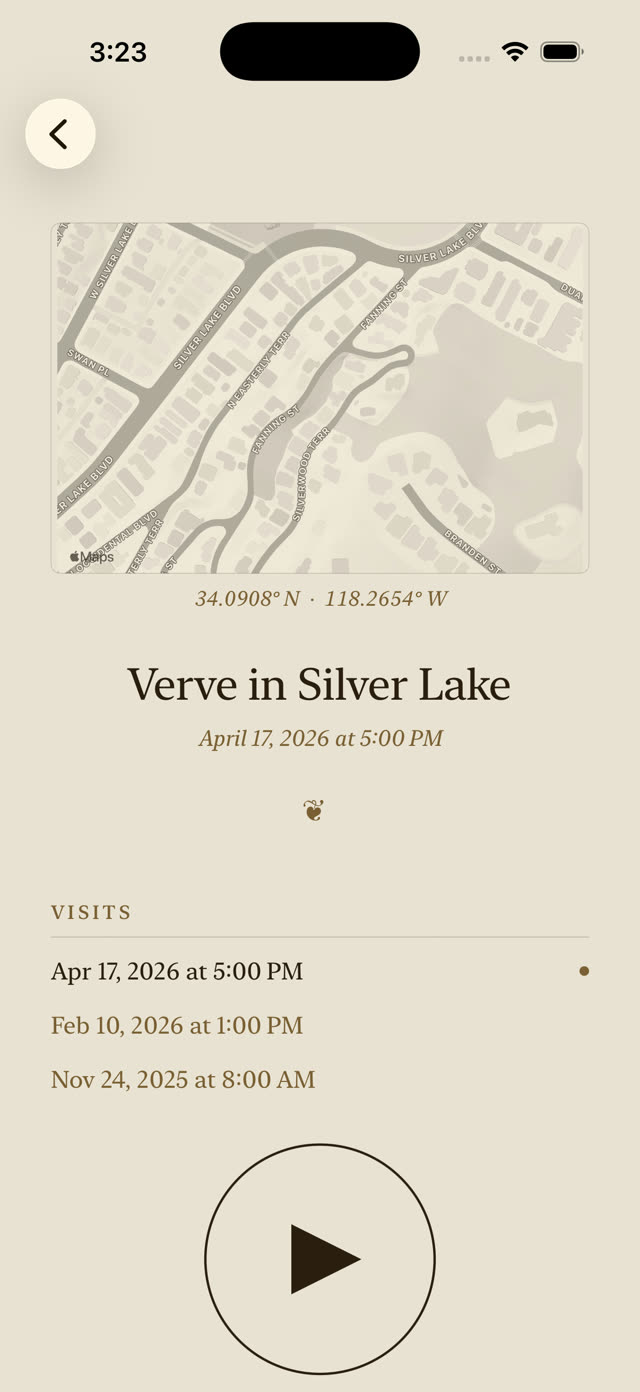 A Place Recalled screenshot: Detail view: recolored map, name, play, visits