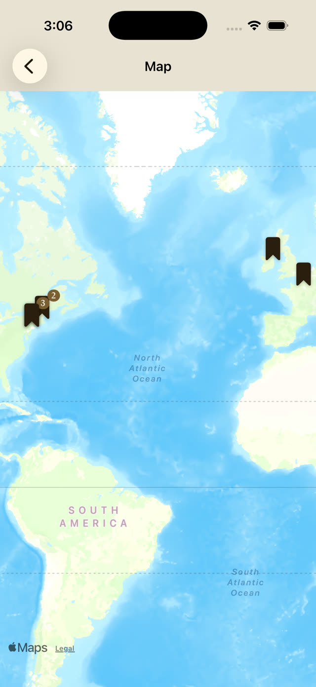 A Place Recalled screenshot: Map browse with paperback bookmark pins