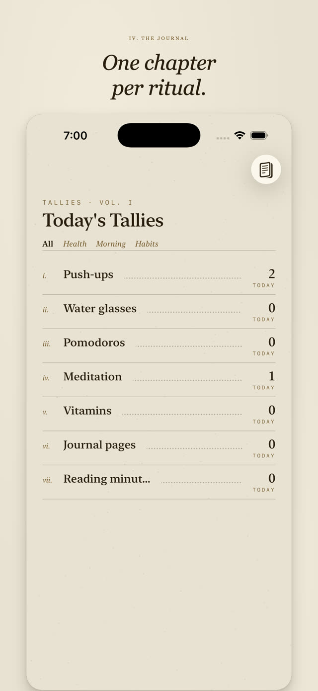Tallies screenshot: Journals for everything you count