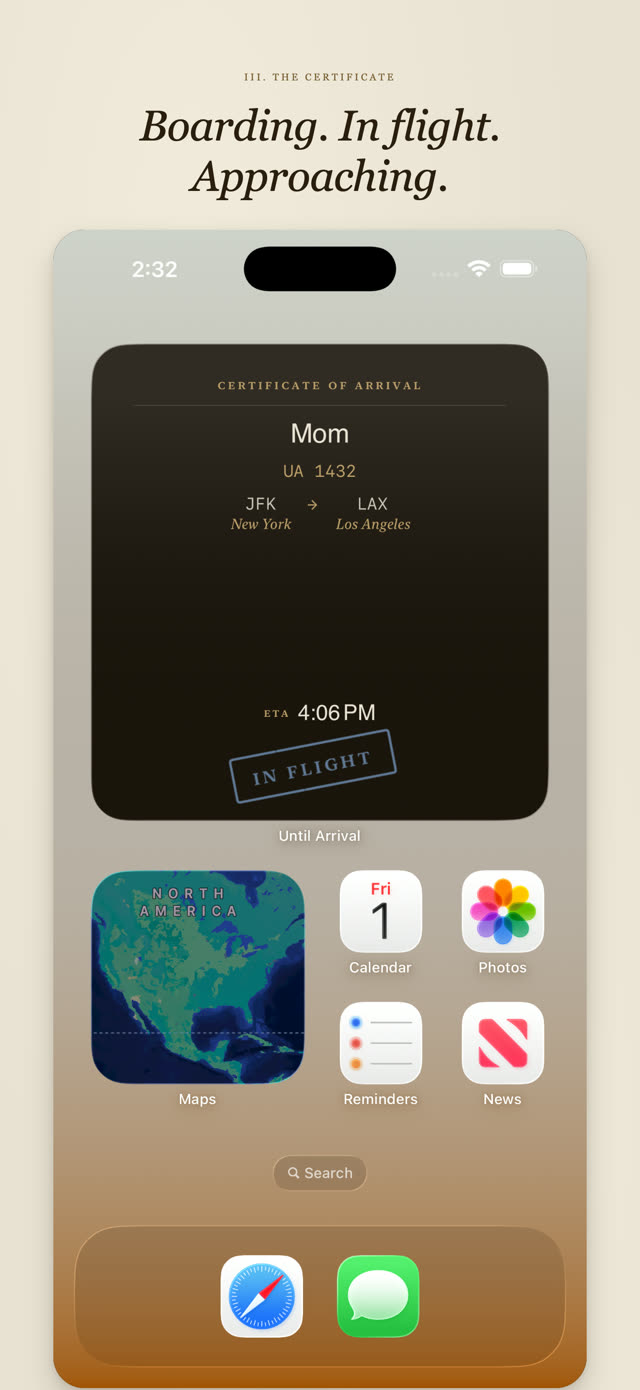 Until Arrival screenshot: Home Screen Large widget: full Certificate of Arrival