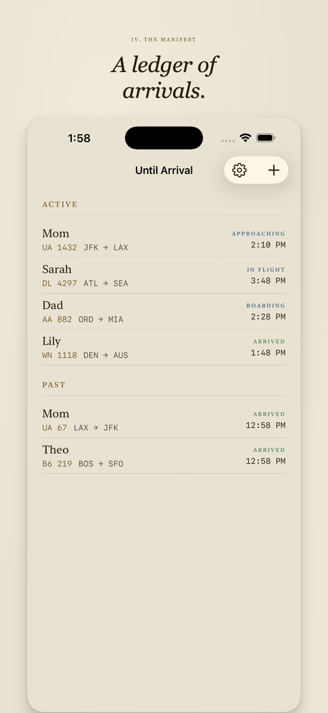 Until Arrival screenshot: In-app Manifest view with active and past flights