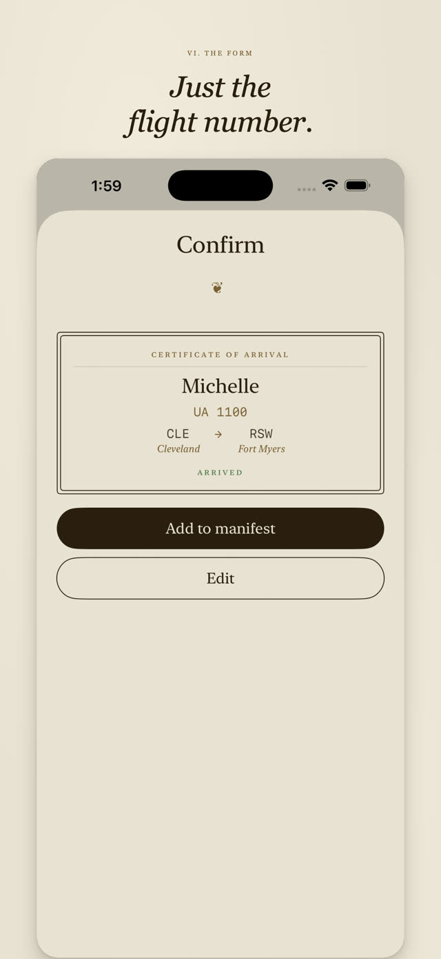 Until Arrival screenshot: Add-flight sheet: confirm step