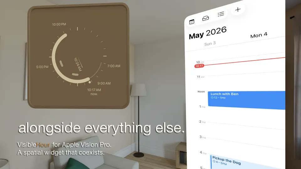 VisibleHour on Apple Vision Pro: the day dial floating beside a calendar window