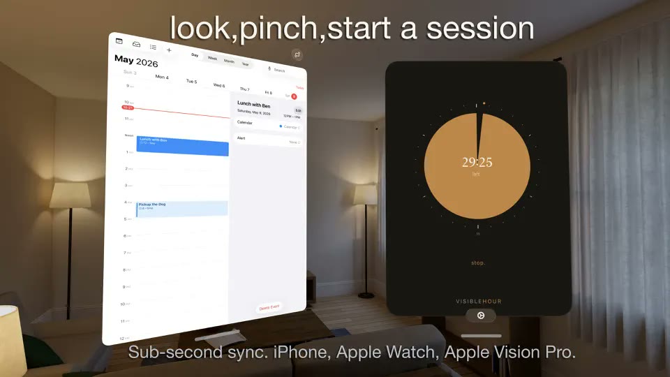 VisibleHour on Apple Vision Pro: a session timer next to a calendar