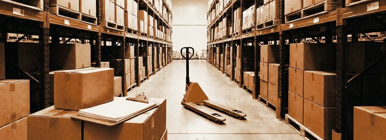 A distribution warehouse aisle with pallet racking and a clipboard of order forms