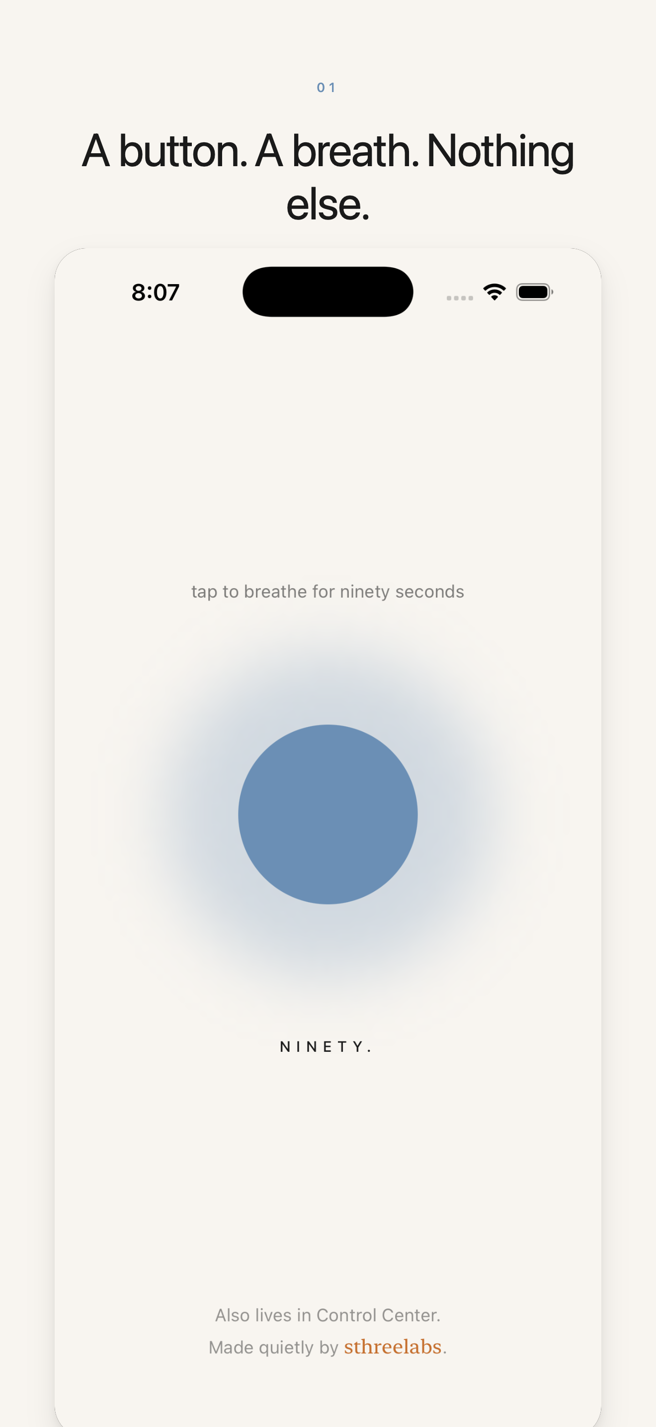 Ninety. screenshot: idle state, central blue button at rest