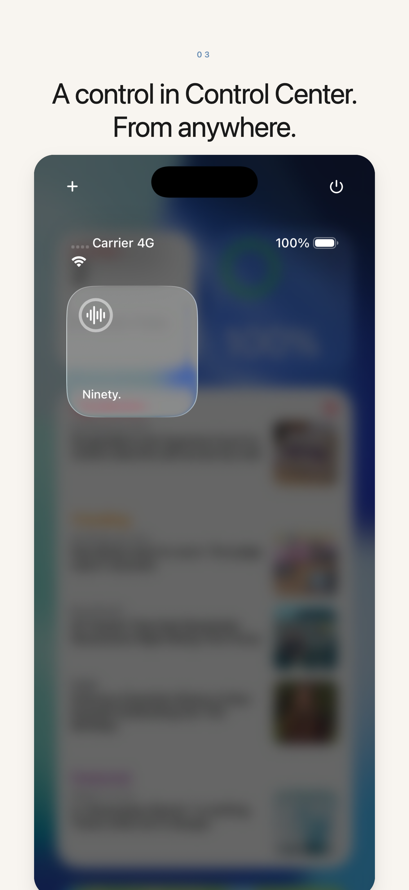 Ninety. screenshot: Control Center with the Ninety. widget visible