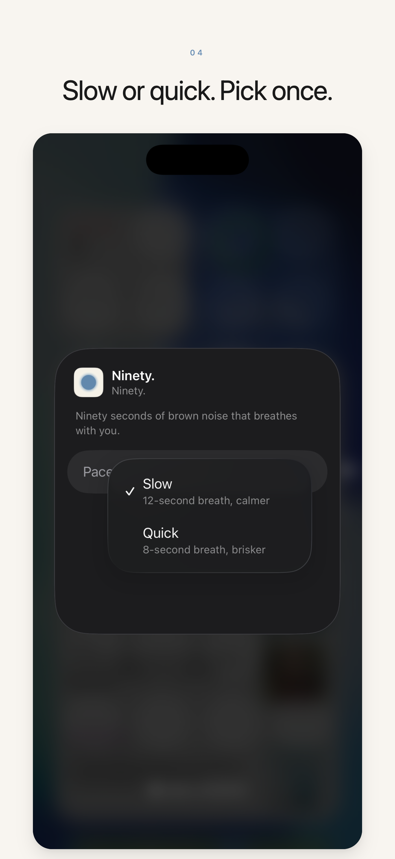 Ninety. screenshot: pace configuration sheet showing Slow and Quick options